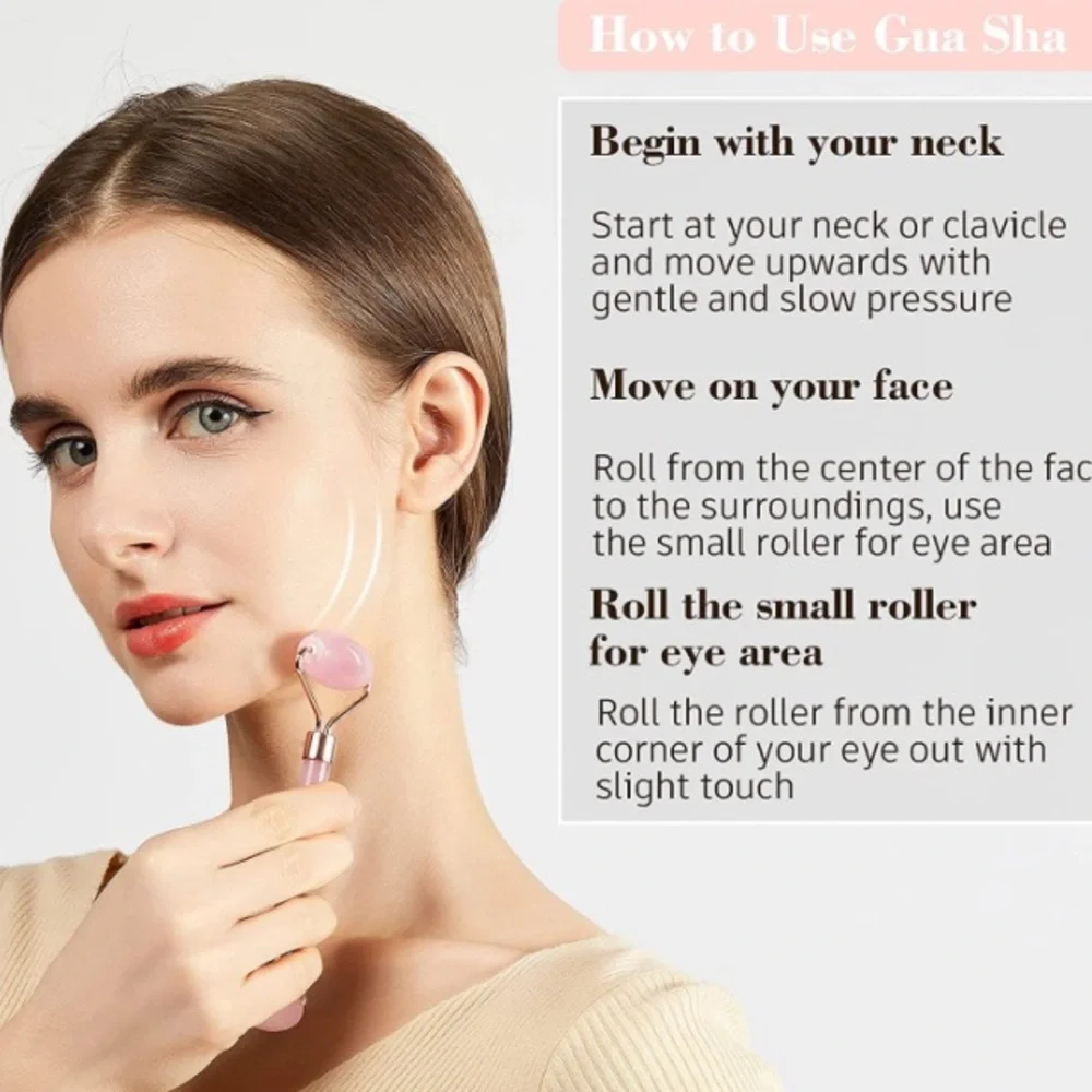 Jade Roller & Gua Sha Set Anti-Aging Rose Quartz for Skincare Facial Massager